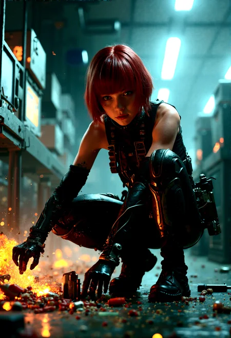 extremely photorealistic ultra-detailed, An intense, photorealistic photography scene of Regina planting explosive charges in a vital control room deep within the research facility. Her bob cut red hair is slick with sweat, and her blue eyes are narrowed in concentration as she carefully places the charges on key structural points. Regina is dressed in her sleeveless black tactical bodysuit, which is now torn and singed in places, and her grey armor plating is heavily scuffed. She crouches low, her movements precise and calculated, with one hand holding a remote detonator. The background reveals a room filled with advanced technology, with flickering computer screens, rows of control panels, and large, cylindrical power generators. The atmosphere is charged with tension, as Regina knows she must complete her task quickly before being detected, with the constant beeping of a countdown timer adding to the urgency.
cinematic lighting, extremely intricate detail character, accurate depiction of character, correct body anatomy,
correct hands and fingers, extremely intricate skin and facial texture detail, intricate black bodysuit design,lifelike potrayal, extrememly realistic lighting, extreme dynamic pose
