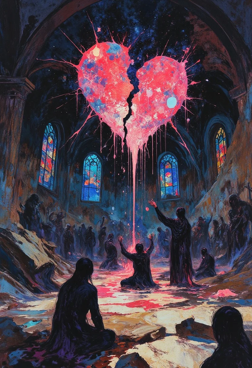 group of lonely people praying to a giant broken heart floating above them. They stretches out their arms to the heart, but can't reach it. From he heart drips glowing, star-filled pink thick oily liquid. Vibrant hues of red and blue shimmer with stars and galaxies. Heart reflects cosmic light, set against an infinite starry backdrop. symbolising despair, loneliness and broken hearts. faceless people are praying on knees to the broken heart. They try to catch pink drops from a heart. red_glow.
The background features an ancient underworld catacomb dedicated to loneliness with stained glass windows depicting starry expanse, with celestial bodies glowing faintly in the distance, evoking a sense of despair. Low angle view.