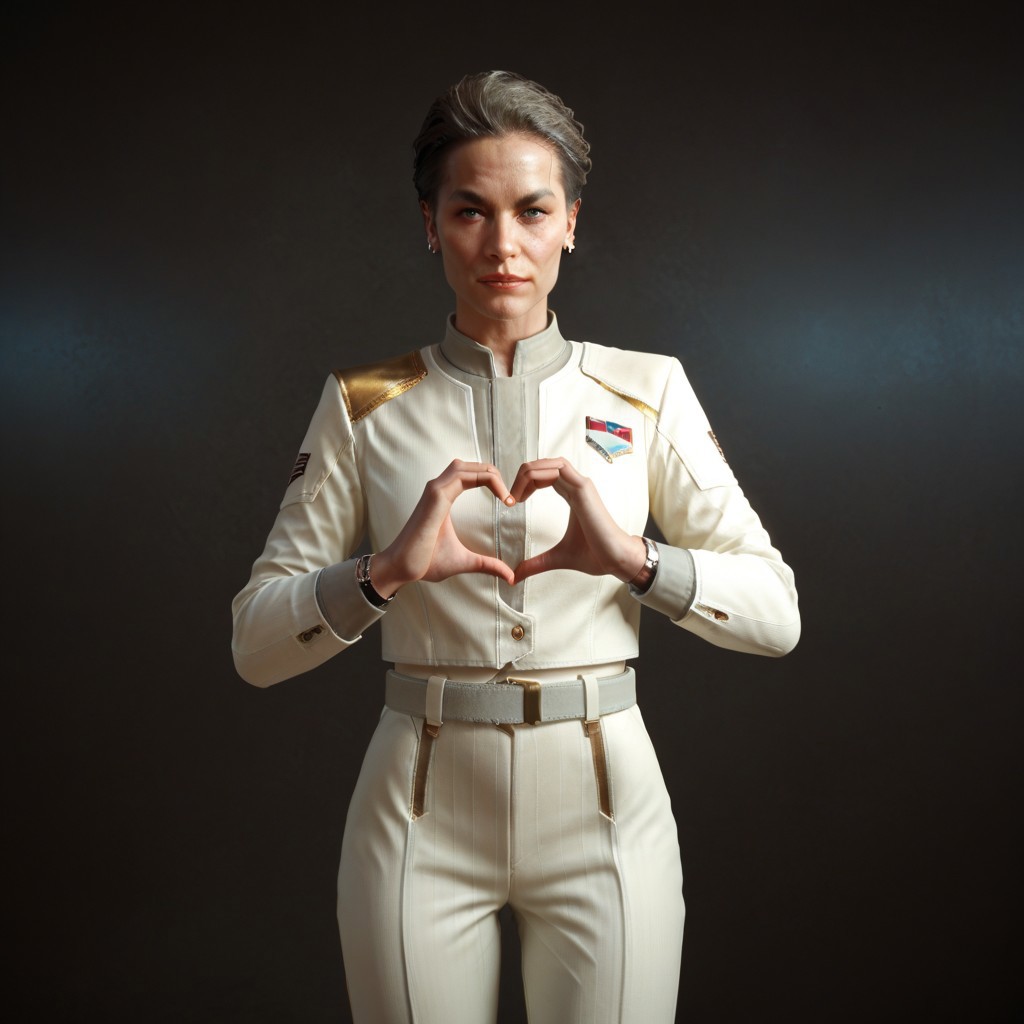 score_9_up, score_8_up, score_7_up, score_6_up, abstract,heart hands, solo, white pants, 1girl, heart, pants, black hair, short hair, uniform, belt, rosalind myers