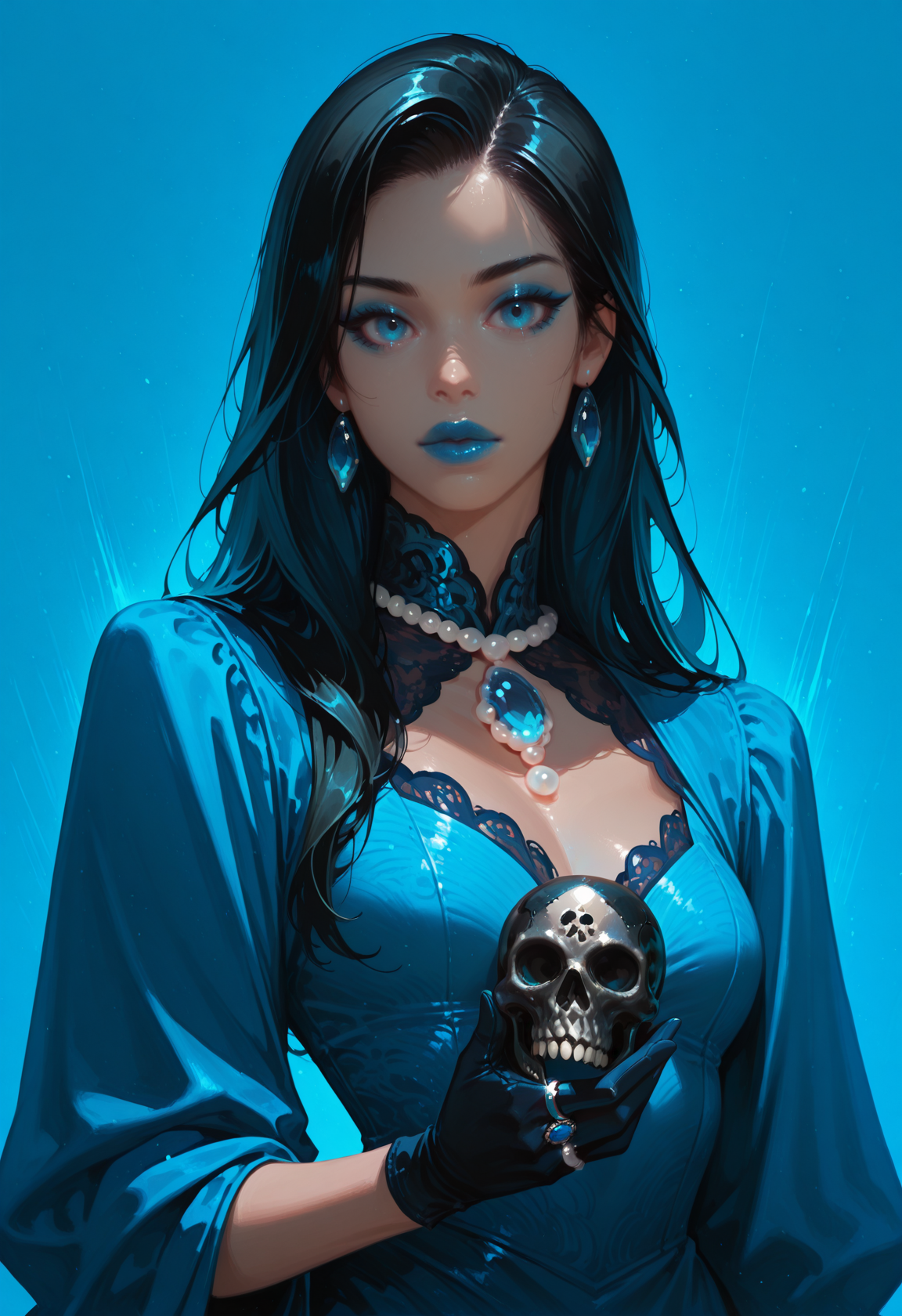 1girl, black hair, solo, long hair, makeup, ring, jewelry, blue background, looking at viewer, blue theme, dress, gem, gloves, lipstick, blue dress, blue lips, blue eyes, eyeshadow, holding, simple background, upper body, blue gemstone, pearl \(gemstone\), large black skull,, masterwork, masterpiece, best quality, dynamic lighting , dynamic pose,,  dynamic angle, , , (realistic:1.2), (lineless:1.2), detailed, <lora:Detailer_NoobAI_Incrs_v1:1>