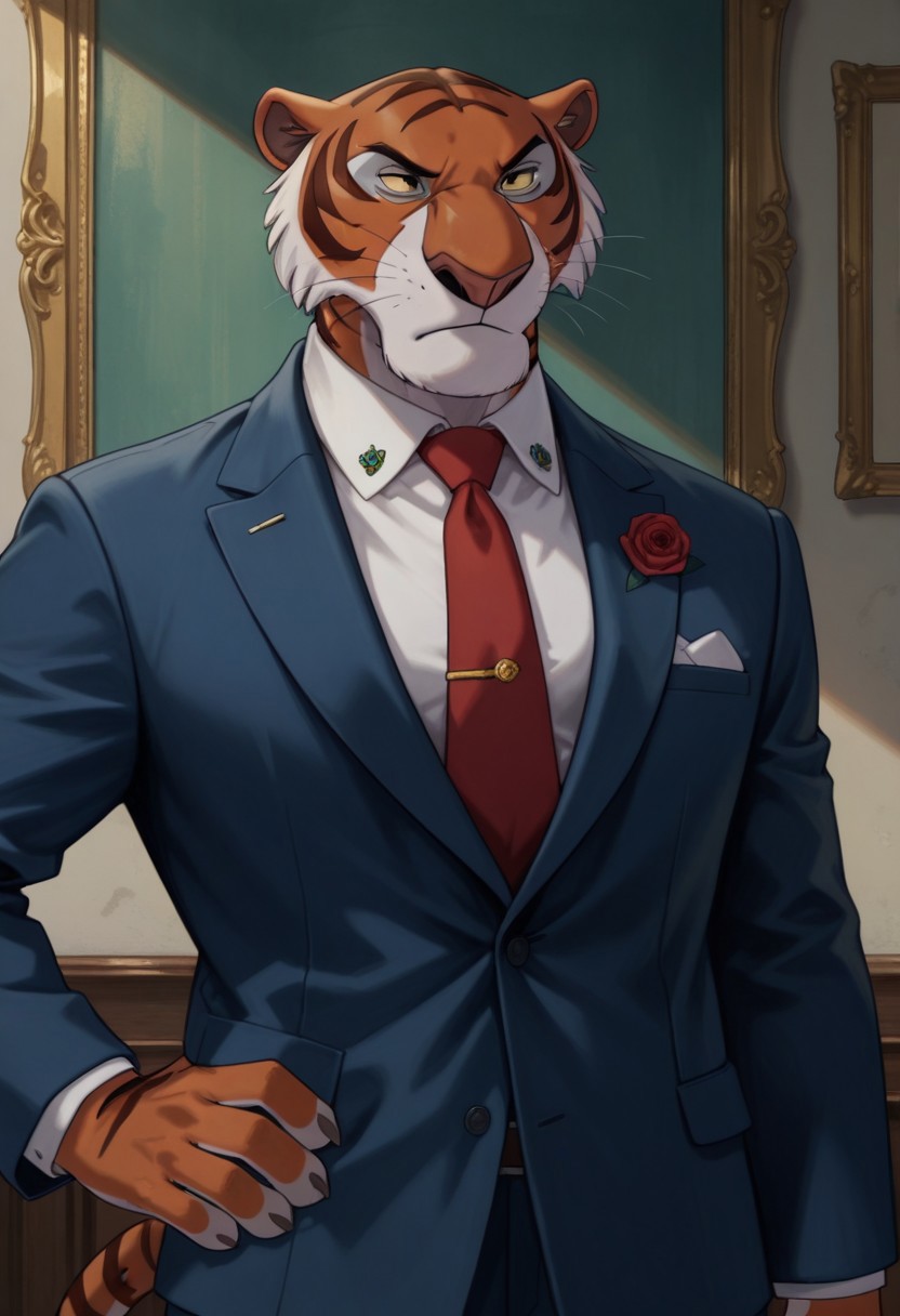 score_9, score_8_up, score_7_up, furry male, anthro, solo, (shere khan:1.2), tiger, yellow sclera, colored sclera, brown eyes, half-closed eyes, closed mouth, frown, chin tuft, cheek tuft, finger claws, striped tail, muscular, tall, navy blue suit, light blue dress shirt, red necktie, tie pin, rose lapel pin, button \(fastener\), 
hand on hip, standing, plantigrade, bust portrait, portrait, painterly, detailed face, 
inside, painted background, shadow, perfect lighting, 
masterpiece, detailed shading, hyperrealistic, realistic, intricate details, absurdres, 4k, 
 IllustriousQual, Stable_Yogis_Illustrious_Positives