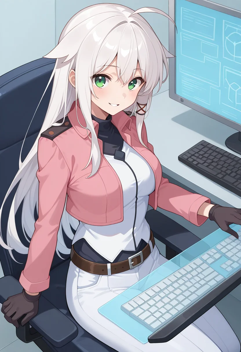 cbuniform, uniform, pink cropped jacket, long sleeves, two-tone shirt, belt, white pants, two-tone pants, black gloves, 1girl, solo, anceriseshirokami, ancermainoutfit, white hair, long hair, ahoge, hair flaps, sidelocks, hair ornament, green eyes, sitting, chair, desk, keyboard, holographic screen, smile, parted lips, looking at viewer,