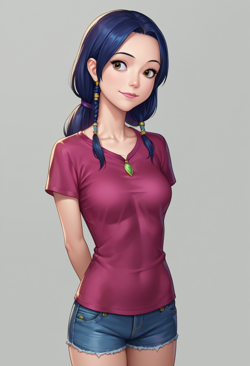 score_9, score_8_up, score_7_up, score_6_up, anime, source_anime, 1girl, solo, Lucinda_the_witch, detailed eyes, perfect face, perfect eyes, beautiful eyes, petite body, standing, arms behind back, posing, light smile, simple background, dynamic angle, t-shirt, jean shorts