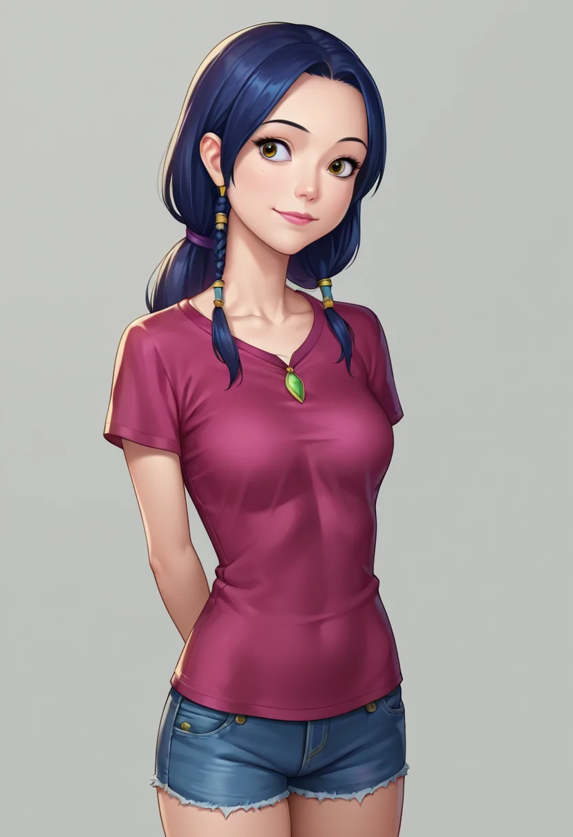 score_9, score_8_up, score_7_up, score_6_up, anime, source_anime, 1girl, solo, Lucinda_the_witch, detailed eyes, perfect face, perfect eyes, beautiful eyes, petite body, standing, arms behind back, posing, light smile, simple background, dynamic angle, t-shirt, jean shorts