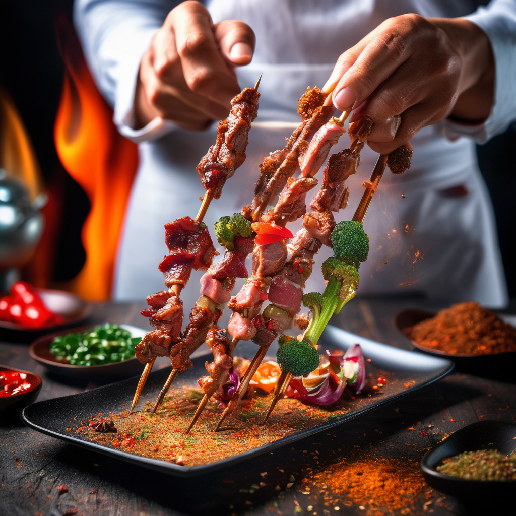 raw photo, reality,in the dark ,a person can be seen holding skewers of meat and spices. The person's hand is firmly gripping one of the skewers, showcasing the delicious array of flavors and aromas. The skewers are expertly prepared, with neat arrangements of meat and spices threaded onto them. The tantalizing mix of colors and textures is evident, making it clear that this dish is a feast for the senses. Additionally, a plate filled with a delectable combination of broccoli and meat is placed nearby, completing the appetizing scene. The dish is presented in an elegant manner, with the vibrant colors of the broccoli and meat contrasting against the white plate. The overall composition is visually appealing, and the image captures the essence of a scrumptious and satisfying meal, <lora:cn_lamb_bbq:0.85>, xhunxhun