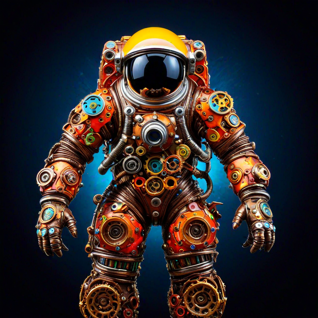 sfw,  dynamic splashes, bright colors, high contrast,  astronaut with hand made of roast gears with colourful metal , hyperdetailed, photorealistic,<lora:challenge\gearstyle-000001.safetensors:0.8500000000000002:0.8500000000000002>