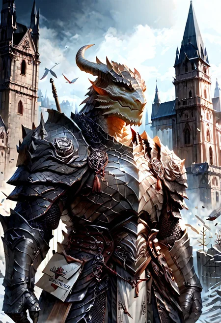 score_9, score_8_up, 8, score_7_up, score_6_up, solo, massive dragonborn with strong armor, in the cathedral , dutch angle, scale mail armor, 40 year old, FFAOR,