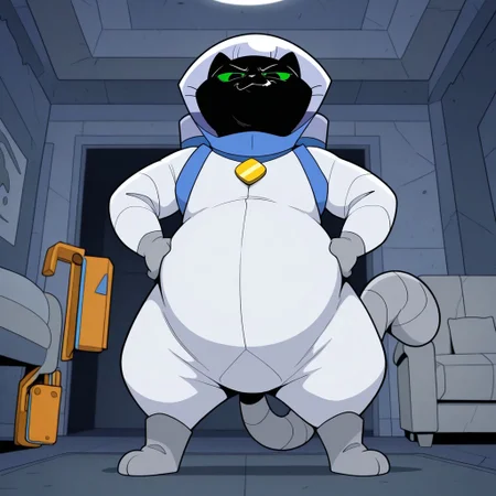 masterpiece, best quality, amazing quality, scratch, male, furry male, anthro, solo, cat, black fur, green sclera, black pupils, whiskers, tail, fat, white spacesuit, helmet, oxygen tank, grey boots, blue collar, gold pendant, standing, smirk, hands on hips, indoors, living room