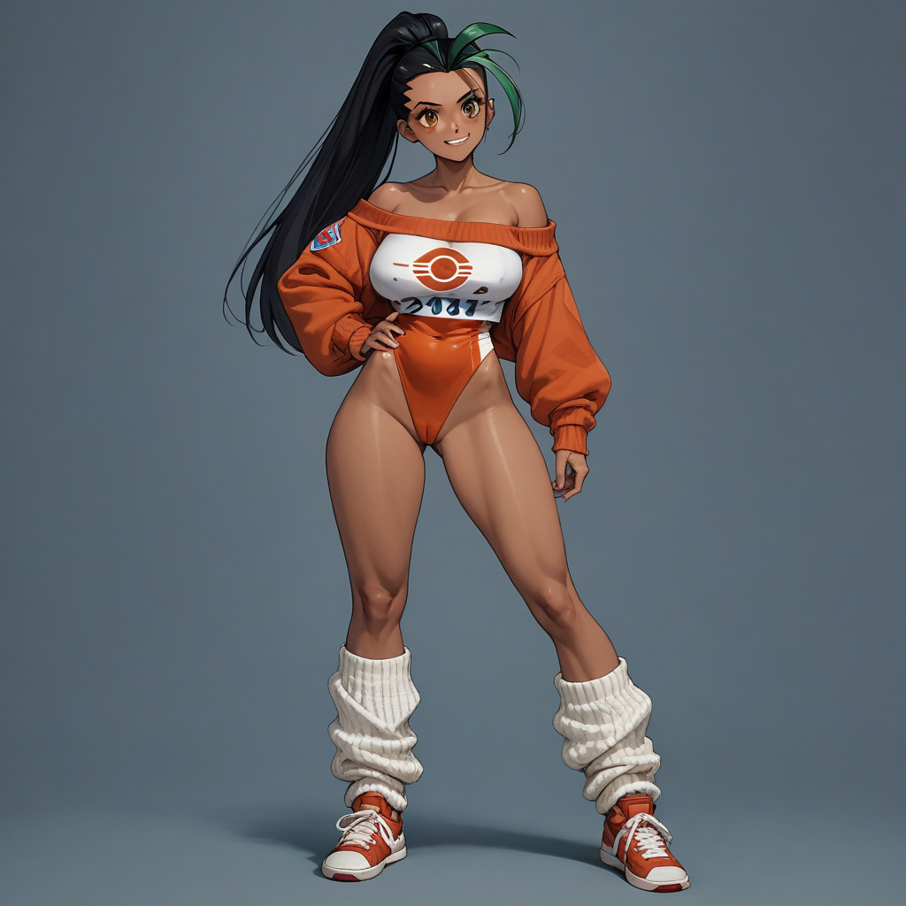 ((score_9)),score_8_up,score_7_up,score_6_up,score_5_up,score_4_up, retro_workoutwear, source_pokemon, Nemona, BREAK, aged_up, large breasts, 20 year old female, Nemona\(Pokemon\), 1woman, dark-skinned_female, streaked hair, retro_workoutwear, 1980s_(style), aerobics, headband, off_shoulder, highleg_leotard, leg_warmers, thong_leotard, cropped_sweater, leg_warmers, sneakers, studio,
