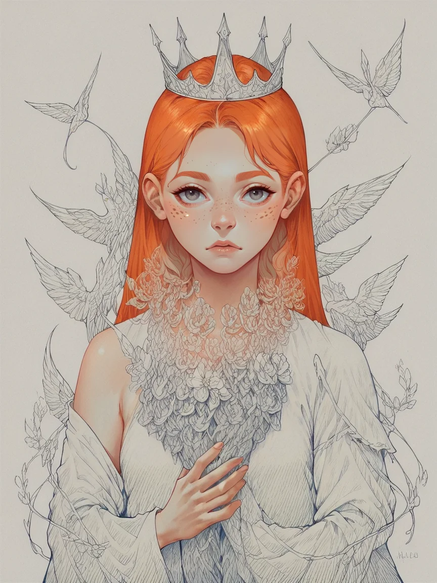 score_9, score_8_up, score_7_up, score_6_up, score_5_up, score_4_up,    <lora:blu3p4rtXLP2:0.7> blu3p4rt, 1girl, ginger hair, pale skin, long hair, flowers, crown
