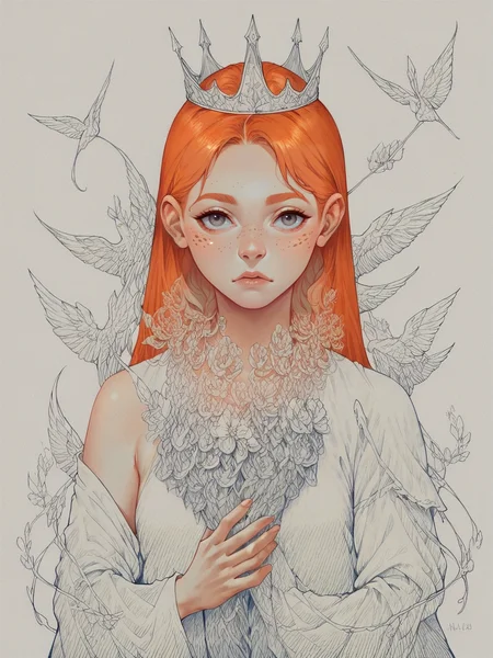 score_9, score_8_up, score_7_up, score_6_up, score_5_up, score_4_up, <lora:blu3p4rtXLP2:0.7> blu3p4rt, 1girl, ginger hair, pale skin, long hair, flowers, crown