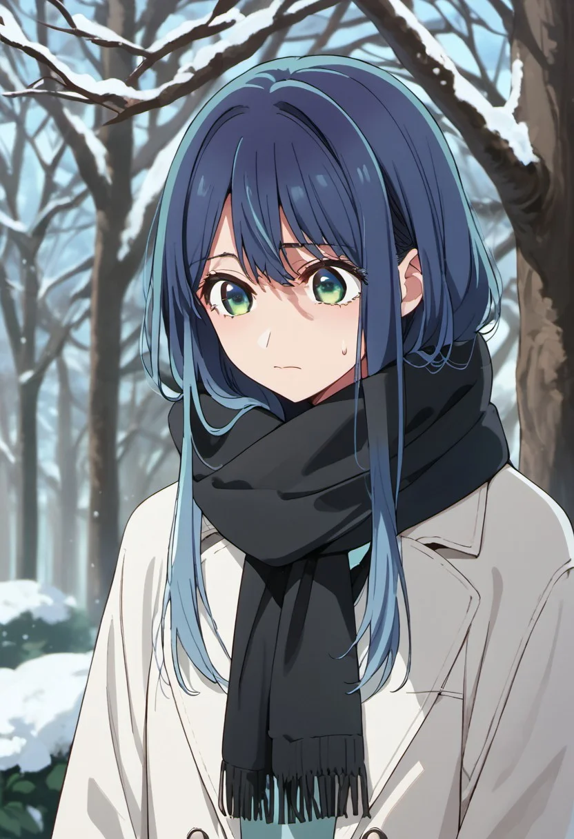 score_9, score_8_up, score_7_up, source_anime, kurokawa akane, blue hair, long hair, blue green eyes, 1girl, solo, scarf, tree, black scarf, sweatdrop, outdoors, closed mouth, jacket