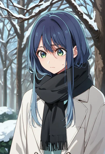score_9, score_8_up, score_7_up, source_anime, kurokawa akane, blue hair, long hair, blue green eyes, 1girl, solo, scarf, tree, black scarf, sweatdrop, outdoors, closed mouth, jacket