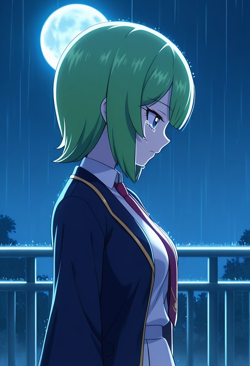 1girl, solo, necktie, gloves, moon, collared shirt, jacket, closed mouth, long sleeves, skirt, rain, wide sleeves, full moon, open jacket, night, outdoors, railing, breasts, upper body, from side, expressionless, tears, <lora:cosmo_v5_IL_epoch_5:1>, cosmotheseediran, , cannonscreencap, masterpiece, best quality, newest, absurdres, highres, very awa,