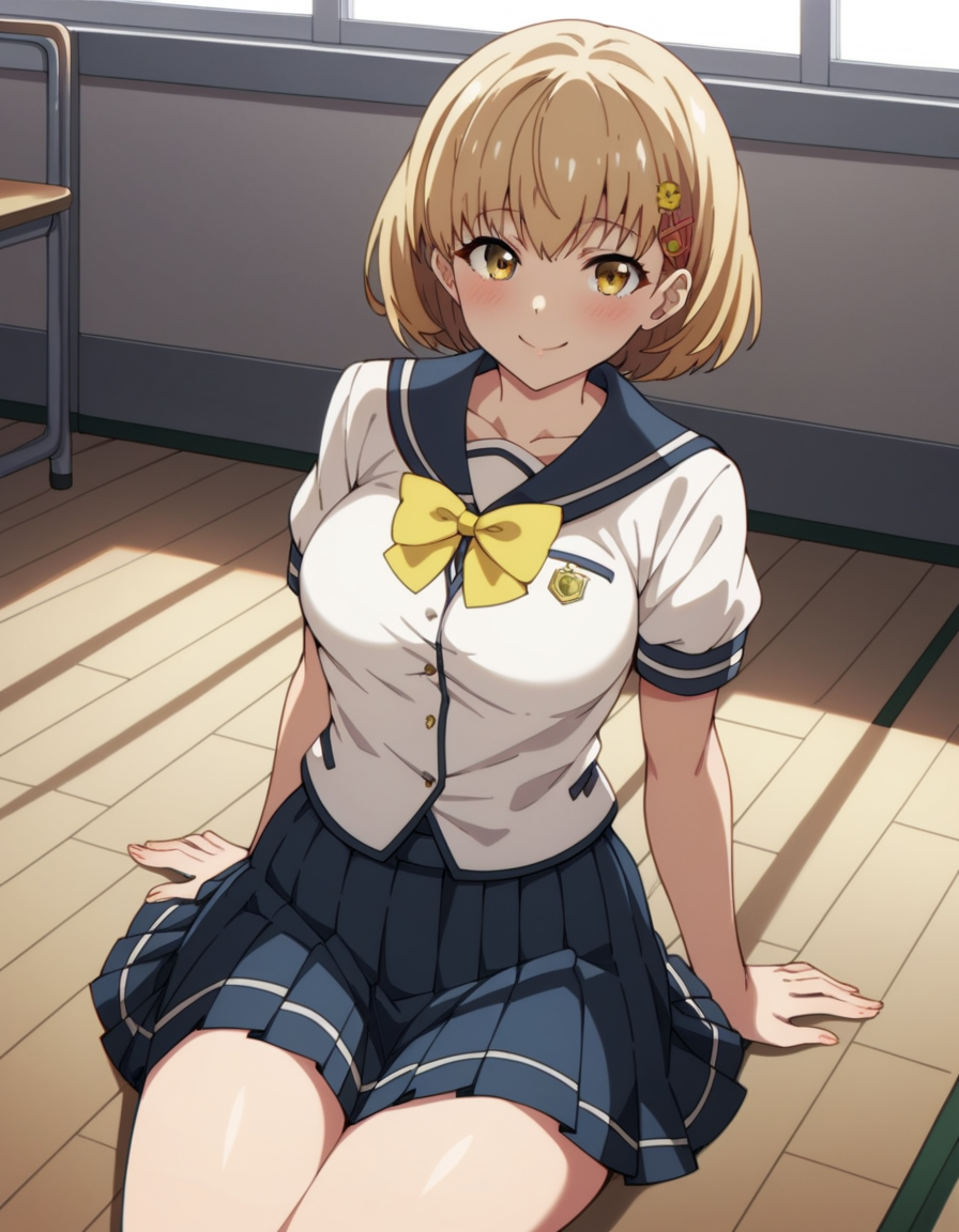 score_9, score_8_up, score_7_up, source_anime, uncensored, <lora:StS_detail_slider_v1:3>, zPDXLxxx, <lora:Kimie_Kamata_PONYXL_VexVexX:1>, KimieKamata, 1girl, yellow eyes, blonde hair, short hair, hair ornament, hairclip, hair flower, medium breasts, school uniform, serafuku, pleated skirt, yellow bow, cowboy shot, indoors, from front, Sitting on the ground with legs folded underneath, resting back on elbows with legs slightly apart and hands supporting the body, thighs, looking at viewer, smile,