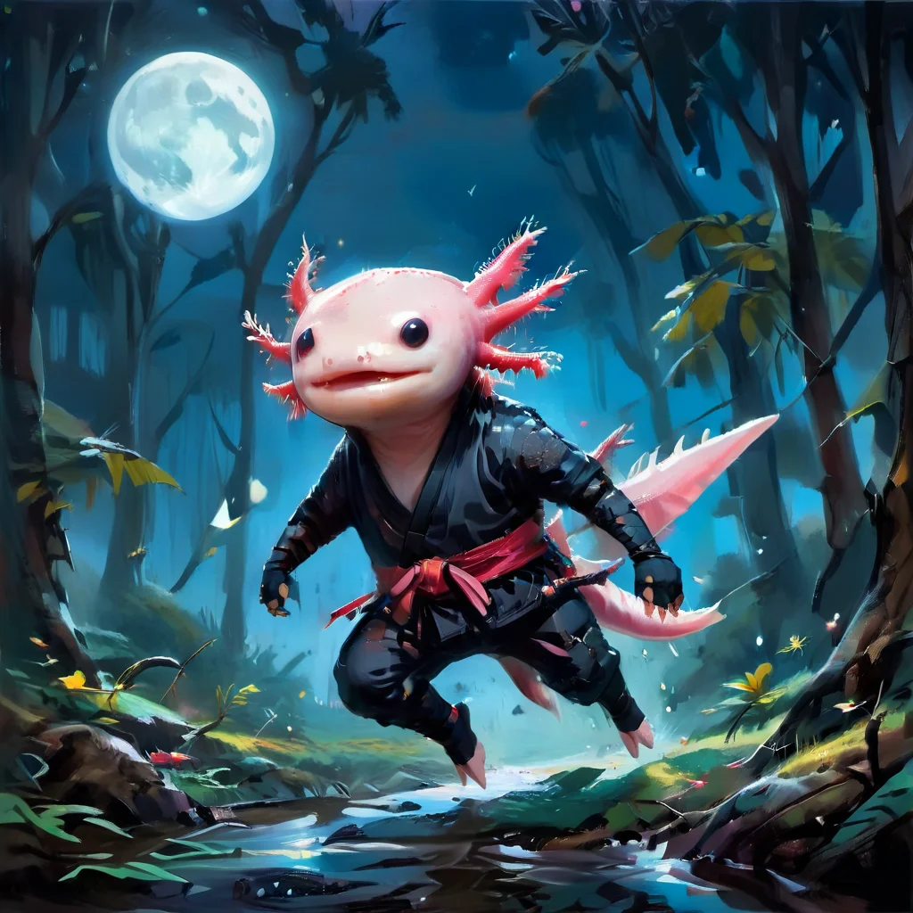 axomodelxl, axolotl dressed as a ninja, leaping through the trees, moonlit night