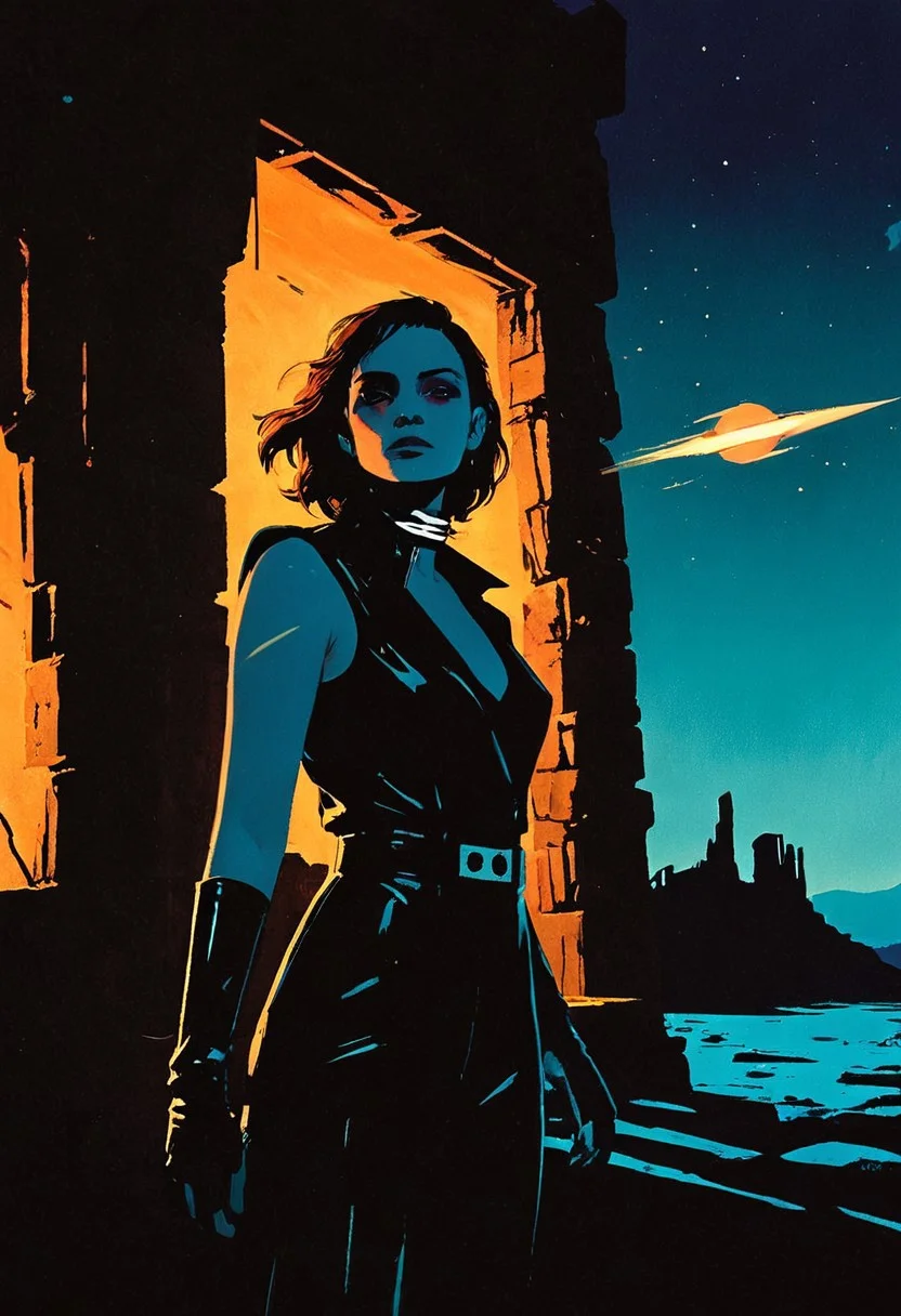 (Masterpiece, Best Quality, Highres:1.4), (dramatic, cinematic:1.2) color wash, ink wash, illustration, storytelling, A cinematic, gritty fantasy poster, tightly framed depiction of a female space pirate in the style of futuristic sci-fi fantasy art, standing at night on an alien planet with ancient ruins behind her. She is wearing black leather pants and boots, a short sleeveless jacket made from tan cloth with white trim around the collar and sleeves. The background features a turquoise sky, rocky terrain, dark shadows, and silhouettes of old structures. In the foreground, there is a small spaceship parked nearby, she is partially cloaked in darkness, high contrast, strong contrast between light and shadow, solo, neo-noir ethereal portrait, chrome-kissed halides, golden venetian blind streaks of light running across the face with the rest of the room surrounded by deep shadows, slicing across their face and shoulder in alternating bands. The scene evokes 1940s noir with a modern twist—polished, seductive, and full of latent danger., aidmamj6.1, 3xpr3sgg0th1cn30n1nc4s3, ExpresHGothicNeonIncaseUOC, ExpresHGothicNeonIncase,