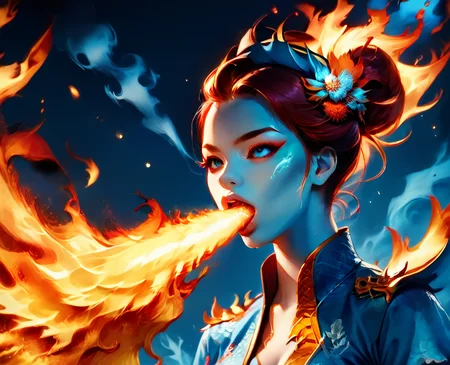 <lora:fire_breath_pony-6:0.8>,FireBreath, score_9,score_8_up,score_7_up,score_6_up,score_5_up, solo,1girl,breathing fire,blue theme,phoenix,
firemode, <lora:fire:0.6>