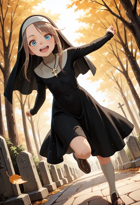 masterpiece, best quality, 32k, high resolution, absurdres
1girl, solo, Gardie, brown hair, blue eyes
habit, nun , nun dress, cross necklace,
dynamic pose, running, jumping over graves. smiling, open mouth, towards viewer, moving lines, blurry background
outdoors, graveyard, old graves, old tombstones, old church in the background, autumn, falling leaves, windy
light particles, dynamic angle, cinematic angle, various angles, detailed background, beautiful background, (rays light:1.0),(grow:1.0) vivid colors, shiny and glossy, anime style, high-res, beautiful aesthetic, very intricate, high-quality details, vibrant,
<lora:add-detail-xl:1.10> <lora:spo_sdxl_10ep_4k-data_lora_webui:0.95> <lora:noobai_ep11_stabilizer_v0.138_fp16:0.6> <lora:StS-Illustrious-Detail-Slider-v1.0:1.10> <lora:cfg_scale_boost:0.95> <lora:nyalia:0.20> <lora:hildegard_illustrious:0.8>
