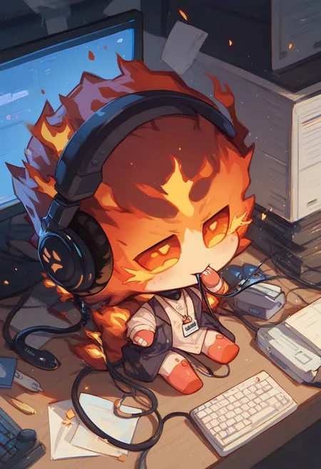 score_9, score_8_up, score_7_up,2d, Expressiveh,chibi, solo
((Chibi robot)) , Sitting in office, biting cable, keyboard , headphones on head, (burning monitor), burning office