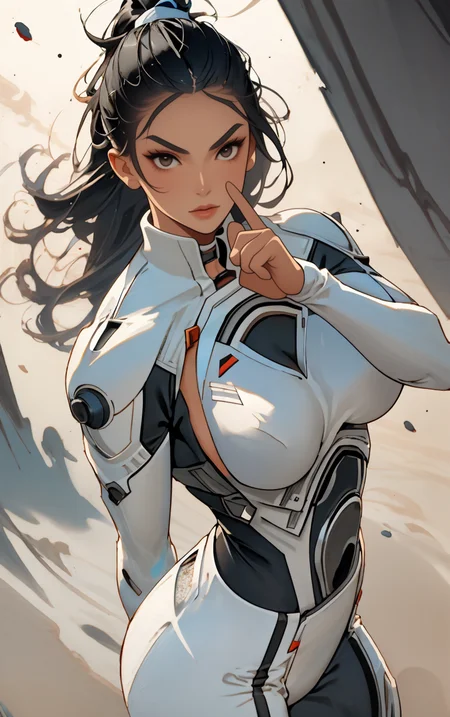 ((masterpiece, best quality)), solo, looking at viewer, amazon_woman whit black hair wearing spacesuit, long hair, "Confused:1.2", "Crew cut hairstyle" hair, "Shushing with finger to lips" pose , skin tight, depth of field, light particles,
<lora:GoodHands-beta2:1>,
<lora:BrazilianWomanAmazon_V1.0:1>,
<lora:muscle_slider_v1:2>,
<lora:weight_slider_v2:-1>,
<lora:hair_length_slider_v1:1>,
<lora:spacesuitV1.0:0.7>,
<lora:wuxia2:0.6>,
<lora:Background_Detail_v3:1>,
<lora:IvoryGoldAIv2:0.7>