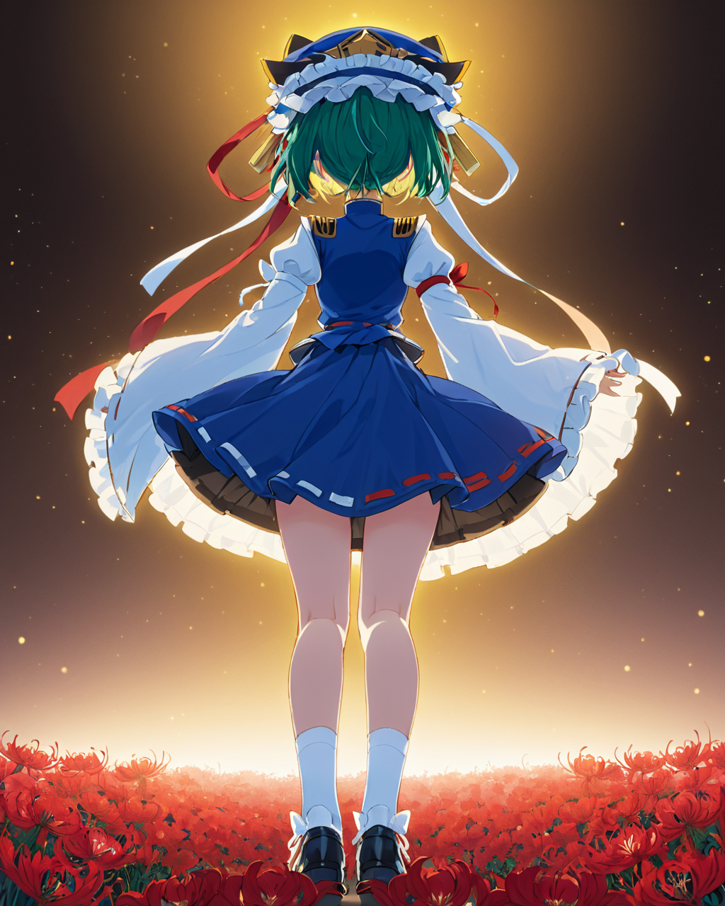 shiki eiki,1girl, solo, long_sleeves, wide_sleeves, red_ribbon, blue_vest, black_footwear, full_body, spider_lily, white_ribbon, white_socks, white_shirt, frilled_hat, black_skirt, looking_back, shoes, from_behind, looking_at_viewer, frilled_skirt, ribbon-trimmed_skirt, blue_headwear, red_flower, hat_ribbon, closed_mouth, blue_skirt, puffy_sleeves
<lora:shiki_eiki_image6175_2023-12-14-000007:1>,star-shaped_pupils,symbol-shaped_pupils,. gorgeous,key visual, vibrant, studio anime,award-winning, professional, highly detailed,high budget, cinemascope