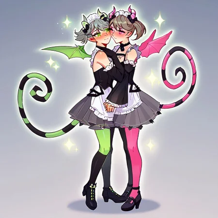 (score_9_up, score_8_up, best quality, hires, highly detailed, ultra-realistic, expressive, intricate details, yuri, sensual, intimate atmosphere, full body shot)
Arianna and Ariane from Yu-Gi-Oh, ygoarianna, ygoariane, yuri theme, close and intimate, full body view, green eyes, green wings, green tail, green horns, green/black thighhighs, detached sleeves, maid outfit, pantyhose, twintails, pink eyes, pink wings, pink tail, pink horns, black/pink thighhighs, gloves, twintails, close body contact, affectionate expressions, soft blush, gentle lighting, intertwined limbs, subtle romantic tension, elegant and detailed maid outfits, vibrant colors, glowing eyes, delicate hands, soft focus background
romantic setting, warm light, soft shadows, rich textures, glowing effects, magical atmosphere, slight sparkles, intricate lace, silky fabrics