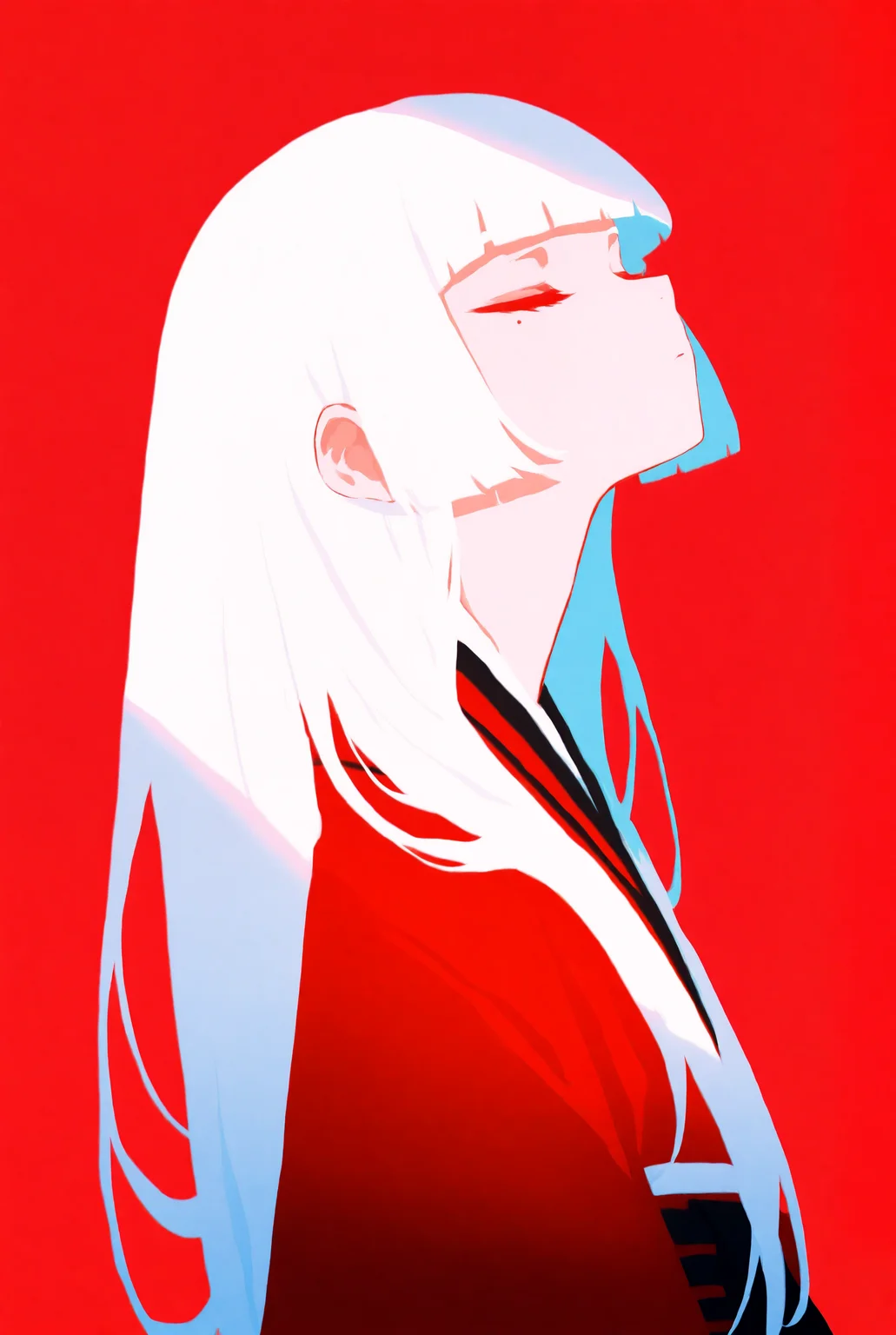 masterpiece,best quality,good quality,very awa,very aesthetic,absurdres,newest,1girl,solo,simple background,masterpiece,high quality,1girl,side view portrait,closed eyes,long eyelashes,(red background:1.1),minimalist style,clean art style,anime illustration,soft lighting,peaceful expression,elegant,<lora:风格\ponyv5_noobV065S_1_adamW-000013.safetensors:0.7:1>,<lora:风格\USNR STYLE_XL_lokr.safetensors:0.4:1>,<lora:风格\haiz_ai_illu.safetensors:0.7:1>,<lora:风格\MeMaXL4.safetensors:0.7:1>,hime cut,long hair,red kimono,Slightly_open_mouth,mole,mole_under_eye,Striped dress,white_hair,