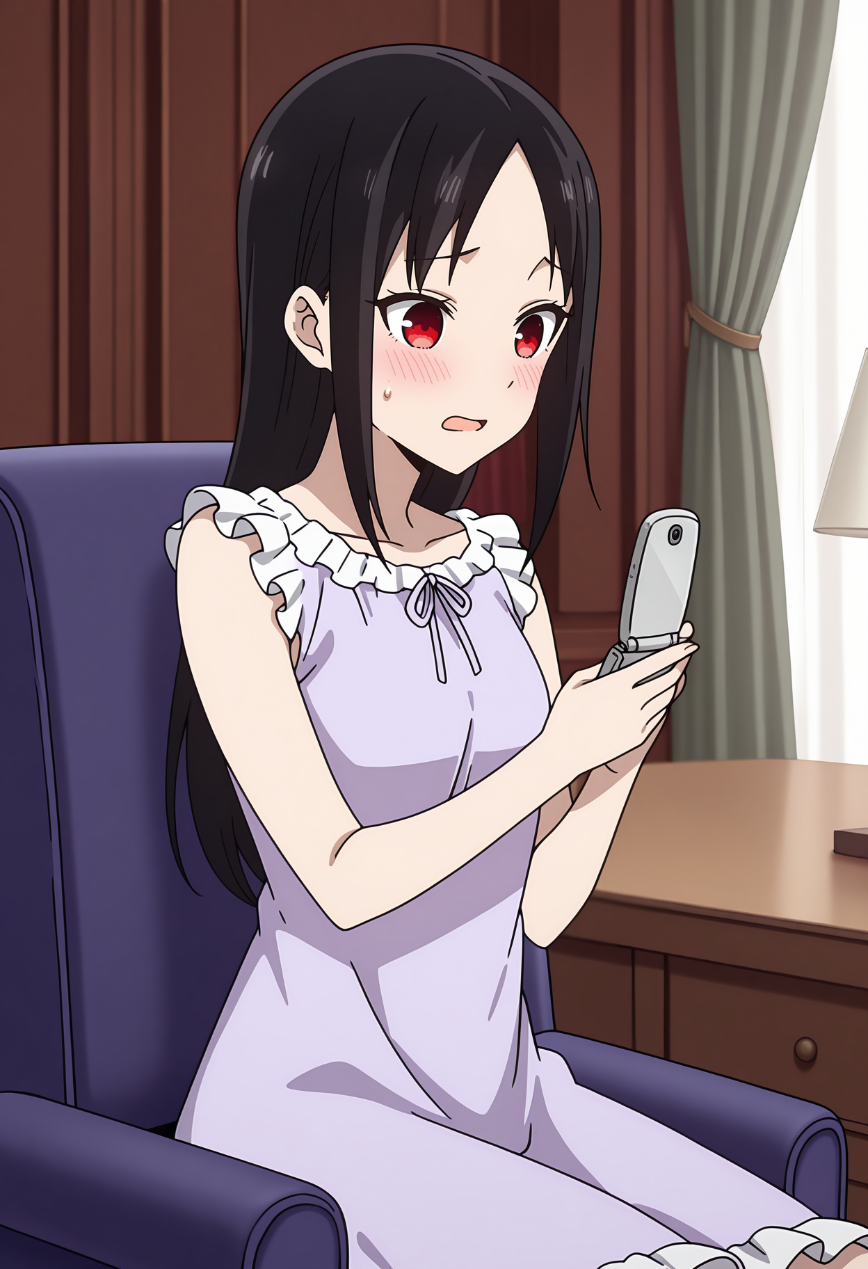 anime screencap, masterpiece, best quality,
<lora:Kaguya-samaWaKokurasetai_ShinomiyaKaguya_IlluXL:0.9>,
1girl, solo, open mouth, blush, sweatdrop,
straight hair, parted bangs, black hair, red eyes, no pupils,
nightgown, sleeveless dress, frilled dress, purple dress,
holding phone, flip phone,
sitting, looking at phone,
indoors, chair, desk, desk lamp, curtains, photo background, blurry background