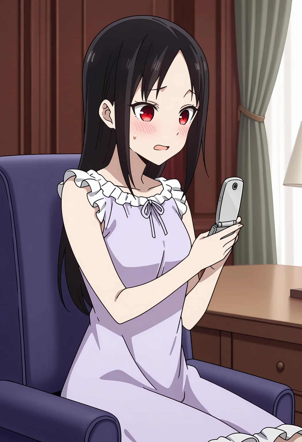 anime screencap, masterpiece, best quality,
<lora:Kaguya-samaWaKokurasetai_ShinomiyaKaguya_IlluXL:0.9>,
1girl, solo, open mouth, blush, sweatdrop,
straight hair, parted bangs, black hair, red eyes, no pupils,
nightgown, sleeveless dress, frilled dress, purple dress,
holding phone, flip phone,
sitting, looking at phone,
indoors, chair, desk, desk lamp, curtains, photo background, blurry background