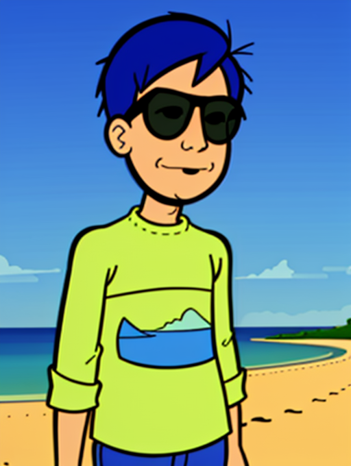<lora:Andy_French_Mission_Hill_1999:1.0> andy_french, 1boy, sunglasses, outdoors, beach, sunny, (photorealism:1.2),<lora:LCM_SD15:1.0>