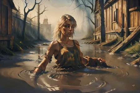 1 woman, thug, detailed texture, an oil painting,
partially submerged
looking at the viewer,
realistic illumination
aesthetic composition
in style of Luis Royo