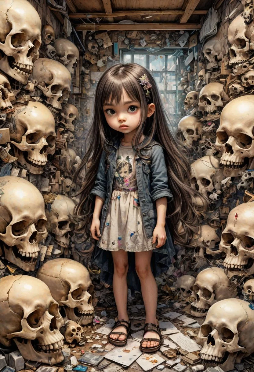 1girl,cute,horrible,scary,dark,unhappy,depressive,disturbing,weird,graffiti,standing surrounded by skulls and chaos,,chaos,kawaii,comic panel,sketch,tiny details,masterpiece,perfect craftsmanship , award-winning work, watercolor, art station trends, sharp focus, studio photos, intricate details, extremely detailed, by greg rutkowski