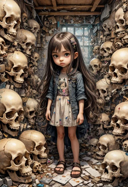 1girl,cute,horrible,scary,dark,unhappy,depressive,disturbing,weird,graffiti,standing surrounded by skulls and chaos,,chaos,kawaii,comic panel,sketch,tiny details,masterpiece,perfect craftsmanship , award-winning work, watercolor, art station trends, sharp focus, studio photos, intricate details, extremely detailed, by greg rutkowski