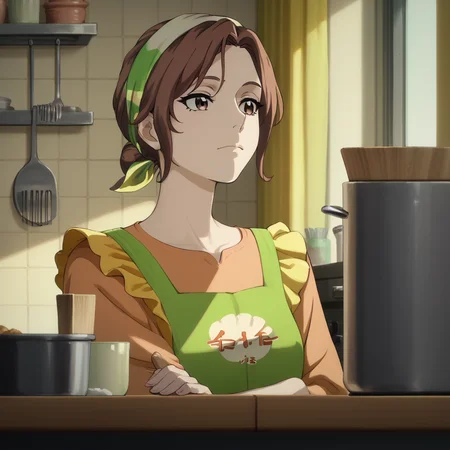 <lora:SlimesArajinsMom:1>, score_9, score_8_up, score_7_up, slimes_arajinsmom, woman, solo, brown eyes, kitchen background