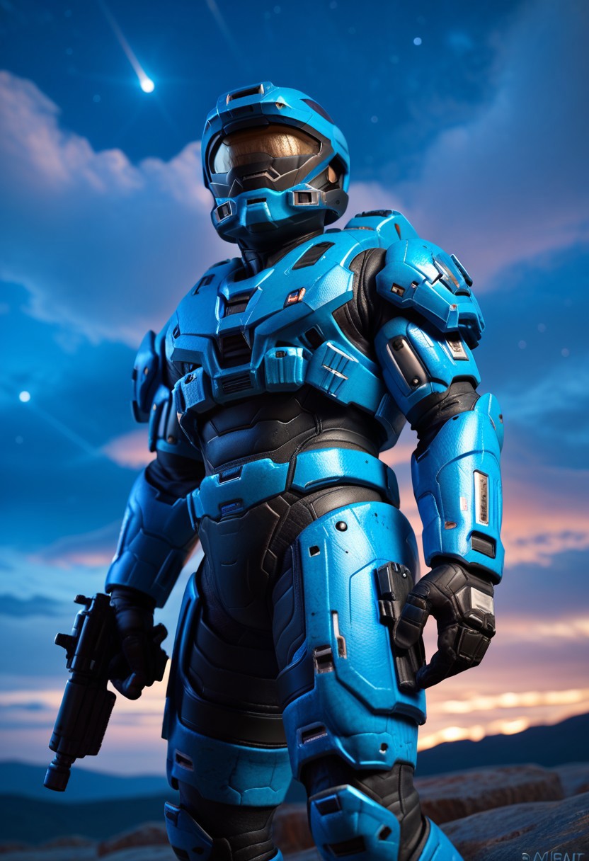score_9, score_8_up, score_7_up, score_6_up, RECON-class_Mjolnir, weapon, super soldier, solo, science fiction, gun, sky, power armor, blue armor, night, cloud, star