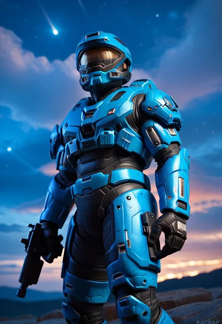 score_9, score_8_up, score_7_up, score_6_up, RECON-class_Mjolnir, weapon, super soldier, solo, science fiction, gun, sky, power armor, blue armor, night, cloud, star