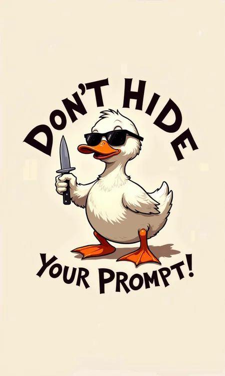 A cartoon duck, white with orange beak and feet, is holding a knife and wearing sunglasses. 
The duck is positioned in the center-left of the image, holding a knife in its left hand and with a confident, slightly intimidating expression.
The text "DON'T HIDE YOUR PROMPT!" is written in bold, dark letters above and around the duck. The words "DON'T" and "HIDE" are stacked vertically, while "YOUR PROMPT!" is positioned below and slightly to the right of the main phrase. 
The background is a light beige or cream color.
<lora:FLUX-daubrez-DB4RZ-v2:1> DB4RZ, DB4RZ style painting