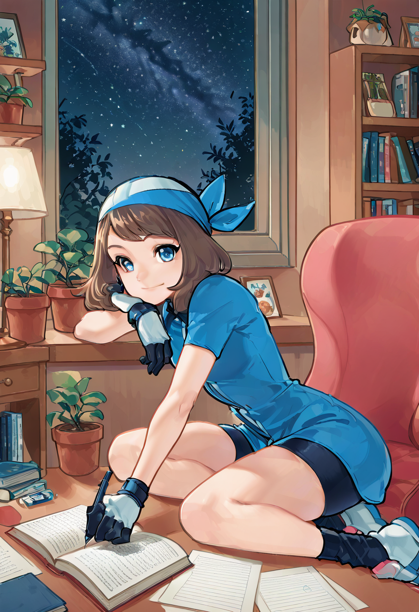 masterpiece, best quality, 1girl, eyelashes, (beautiful eyes), looking at viewer, smile, narrow waist, wide hips,   zzSapphire, gloves, bike shorts, black socks, blue bandana,  (dynamic pose, foreshortening),  ,<lora:SapphireBirchPokemon_IXL:1.0>, , zzLofi, sitting, side view, desk, chair, book, bookshelf, head rest, holding, holding pen, lamp, night, open book, pen, plant, potted plant, sky, star (sky), starry sky, window, windowsill, writing, <lora:LofiGirl_Style_IXL:0.8>,