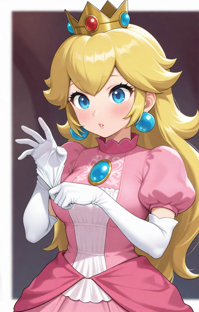 [[[hinosaki]]], 1girl, solo, cowboy shot, upper body, princess peach, blonde hair, blue eyes, long hair, pink dress, crown, remglove, removing glove, white gloves, masterpiece, best quality, amazing quality, very aesthetic, high resolution, ultra-detailed, absurdres, newest,remglove, removing glove