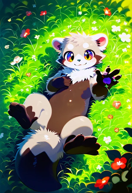 ((((zuppu11)))), full body, solo, furry, score_9, score_8_up, look at viewer, male focus, raibow eyes, rainbow eyes, no humans, fractal iris, furry male, ferret lying on grass, happy, smile, flux-style, detailed eyes, blushing, zPDXL3