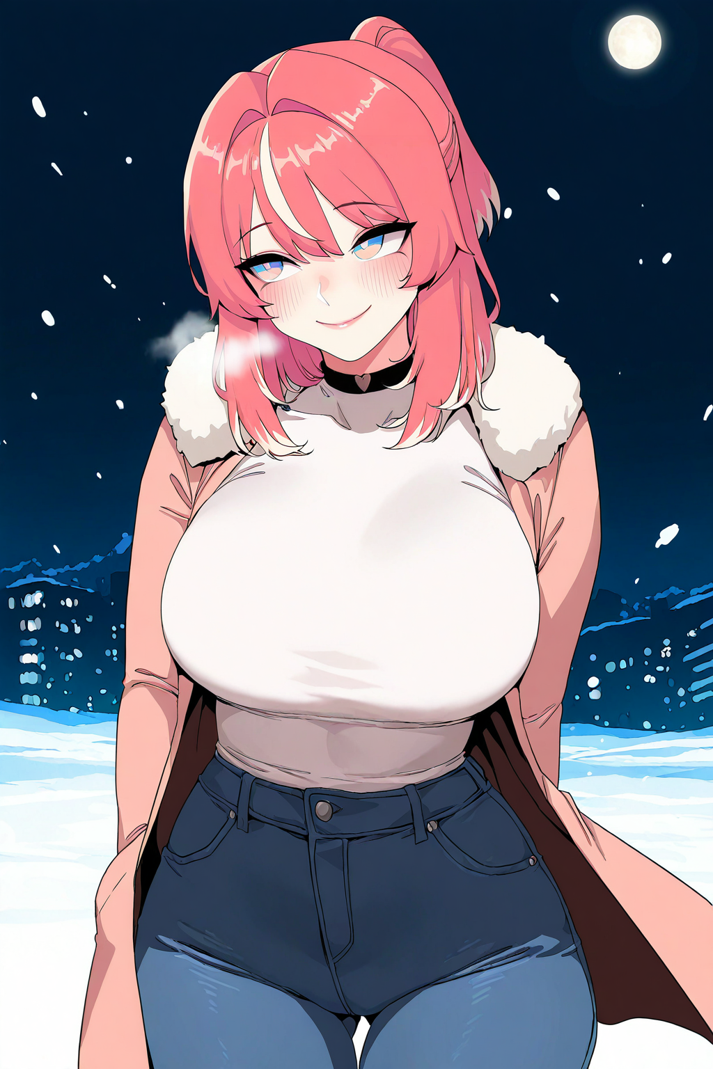 masterpiece, good quality, best quality, very awa, very as2, absurdres, highres
 <lora:Lana FoxilluLoRA:1>lana, short hair, multicolored hair, bangs, ponytail, collar, coat, pullover, jeans, winter, snow falling, night, moon, smile, blush, fur trim