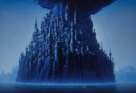 <lora:parrishstyle:0.9> (absurdres, masterpiece, biggest quality) award winning painting of a floating castle in the air, epic composition, detailed, parts made of deep blue crystal,  intricate, the greatest painting ever