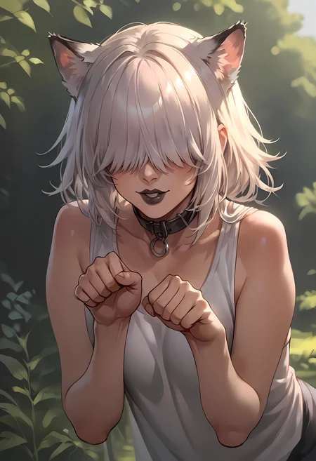 zPDXL, hi res
BREAK 1girl, catgirl, white hair, messy hair, hair covering eyes, hair over eyes, black lipstick, outside, sunlight, playing, joy, collar, petting, paw pose,
<lora:scoreSlider_ponyXL_v10:1> <lora:polki_ponyXL_v10:0.8>