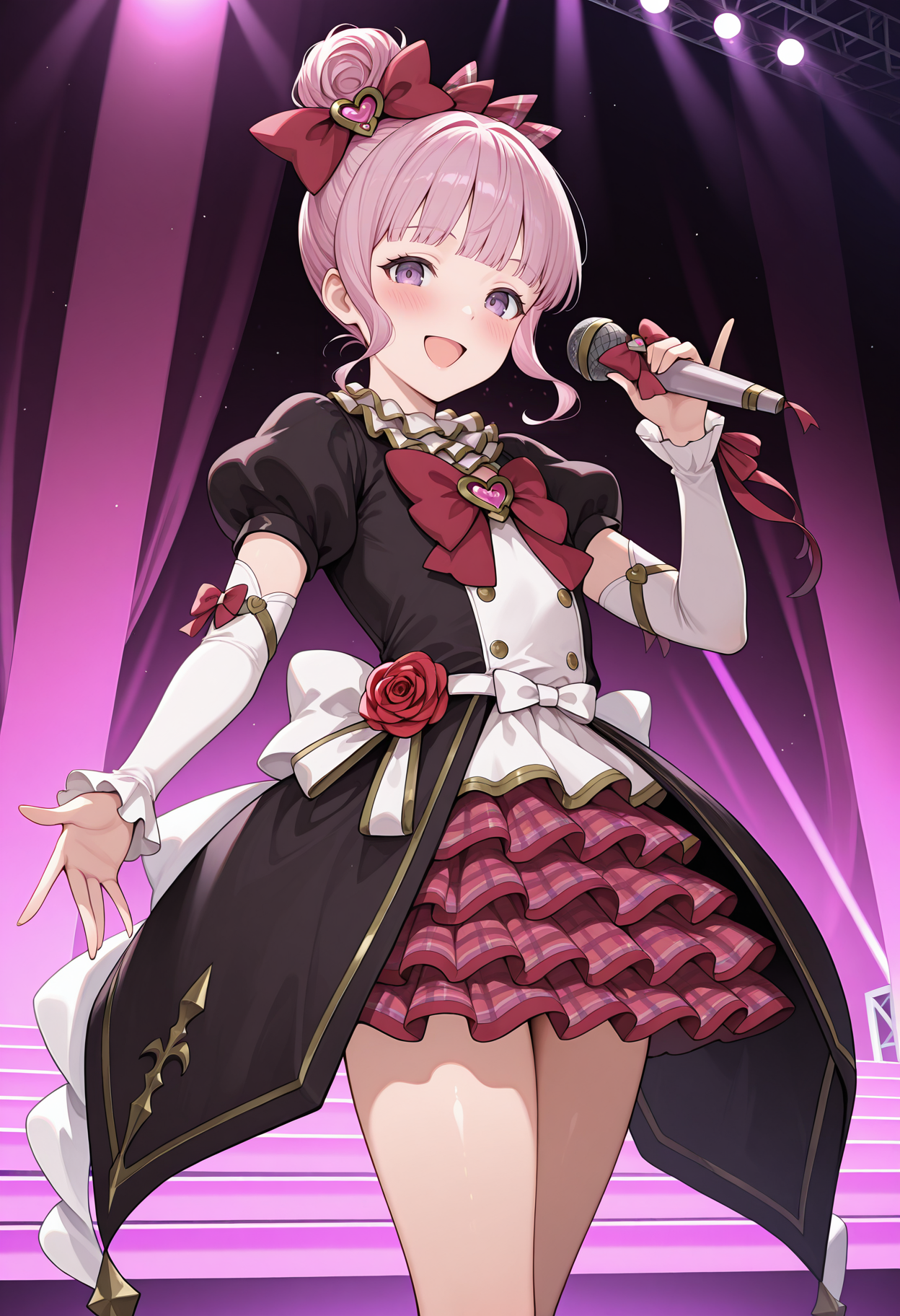 highres, best quality, masterpiece, stage, lights,
1girl, solo, gbflinr, single hair bun, pink hair, sidelocks, purple eyes, flat chest, blunt bangs,
glinrdef, red bow, hair ornament, black dress, two-tone dress, frilled collar, red bowtie, heart brooch, puffy short sleeves, detached sleeves, white sleeves, layered sleeves, layered skirt, rose, plaid skirt, red skirt, thighs,
looking at viewer, blush, smile, open mouth,
standing, holding microphone, 
<lora:_linaria_gbf-elesico-ilxlA:1>