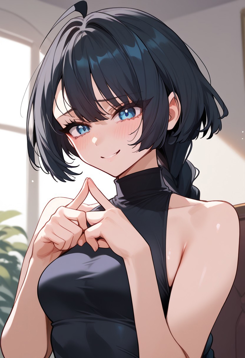 zPDXL3, score_9_up, score_8_up, score_7_up, (Anime_source), 1girl, Sayo, blue eyes, black hair, long hair, single braid, black turtleneck, leotard, bare shoulder, upper body, index fingers together, from side, nervous, smile, looking at viewer
