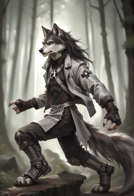 score_9, score_8_up, score_7_up, FMW1, source_furry, anthro, wolf, wolf ears, wolf tail, paws, claws, fangs, (gradient eyes:1.5), hugbaldw, cutoff jacket, body harness with holy cross design, long black hair, charcoal greaves, gray skirt, black shirt, black pants, black fingerless gloves, long legs, slender legs, dark forest,