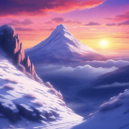 anime kingdom built into the base of a mountain with . the sky is a beautiful sunset with a glowing sun. clouds lightly patter across the sky. depth of field. beautiful composition. beautiful natrual snowy mountain. Misty air.