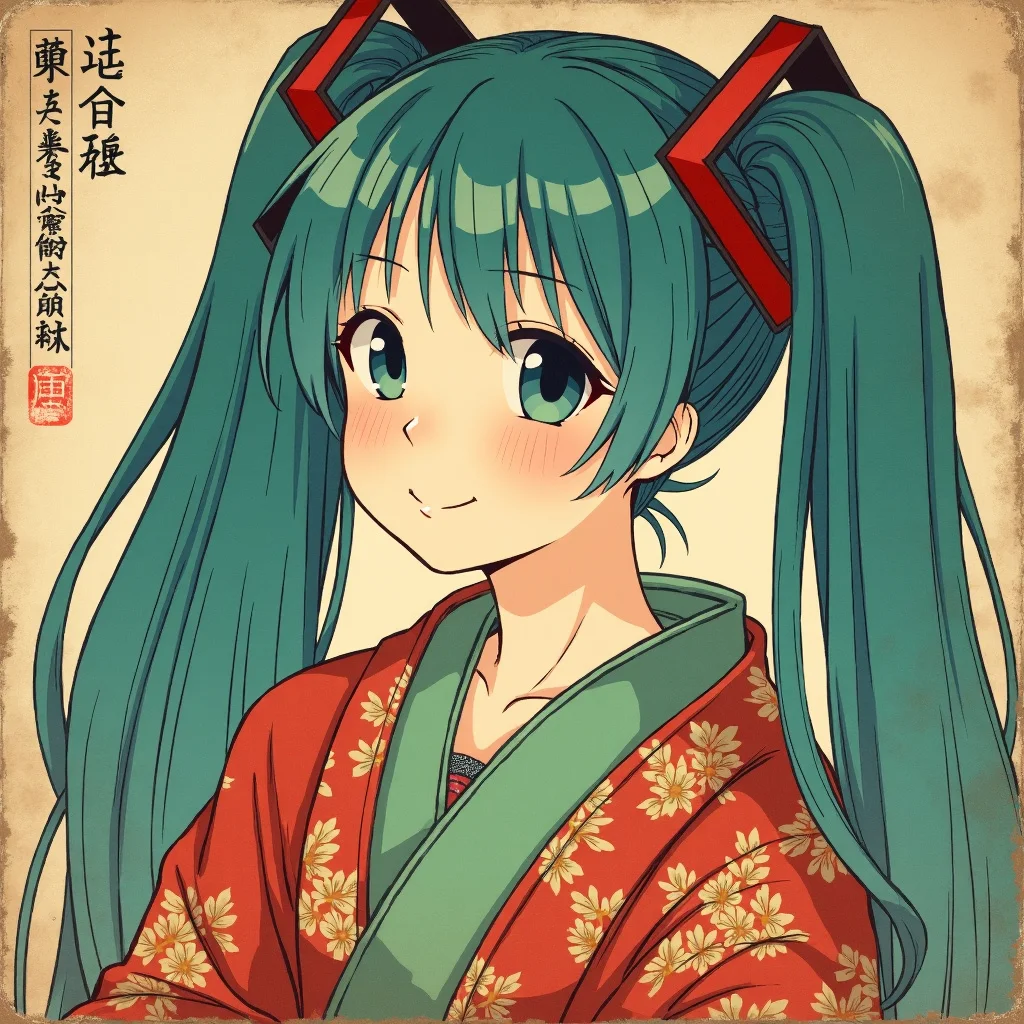 Aa weathered and dated ukiyo-e painting of portrait of Hatsune Miku
Edo-period, fashion, female-figures, everyday-life, Japanese, nature, portraits, Ukiyo-e, woodblock
