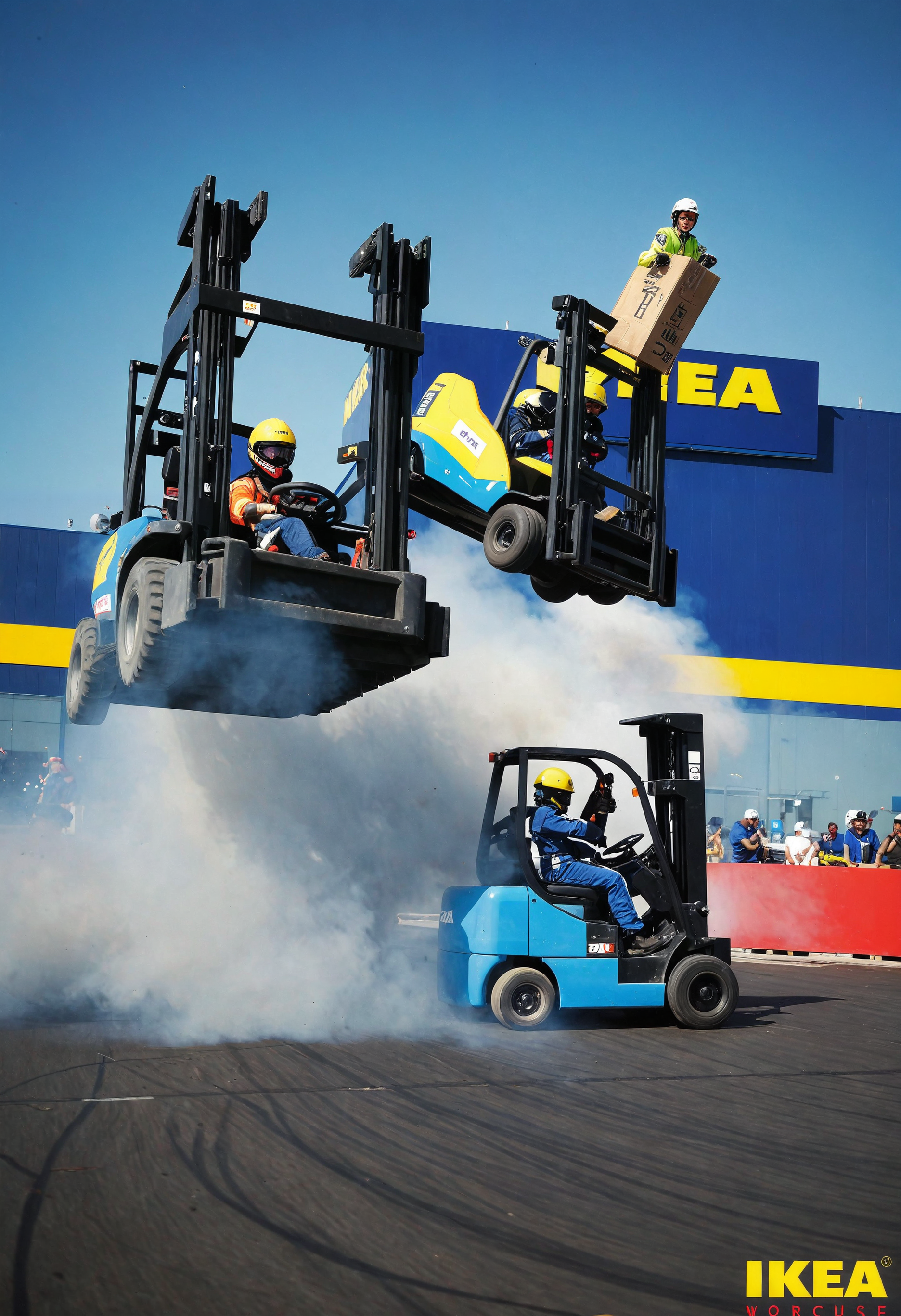 IKEA warehouse race, dynamic composition, multiple workers racing on forklifts, one forklift mid-air, outdoor setting, high-speed photograph, vibrant blue sky backdrop, motion blur elements, rally event atmosphere, drifting, smoke, nitro, IKEA logo